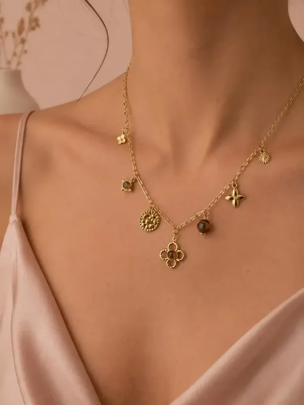 Collier ras du cou breloques pierres oeil du tigre
