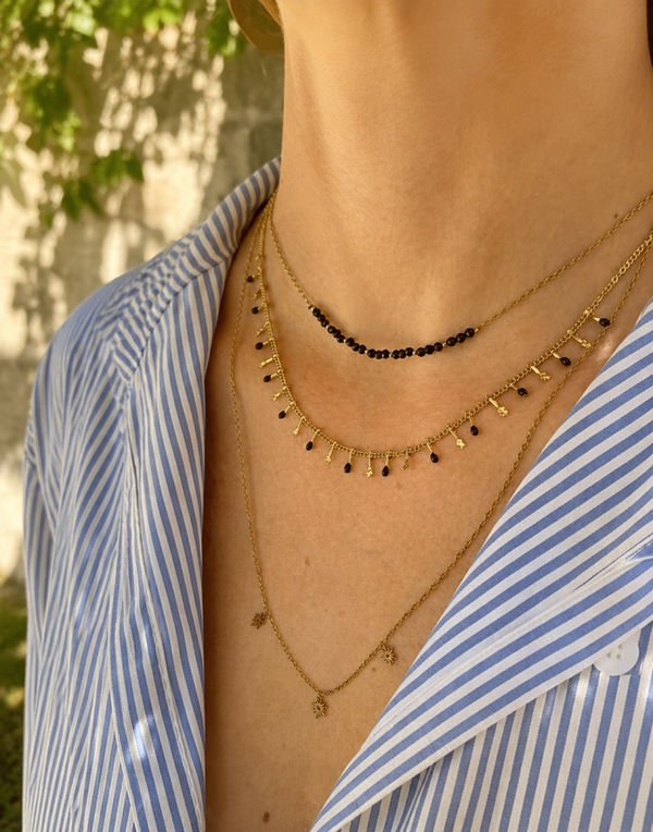 Collier 3 rangs acier inoxydable pierres noires