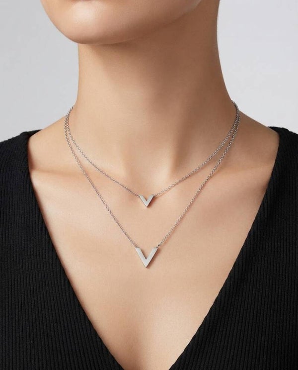 Collier double chaîne V acier inoxydable