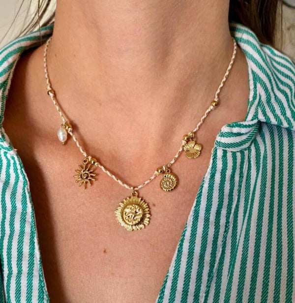 Collier acier inoxydable cordon breloques soleil