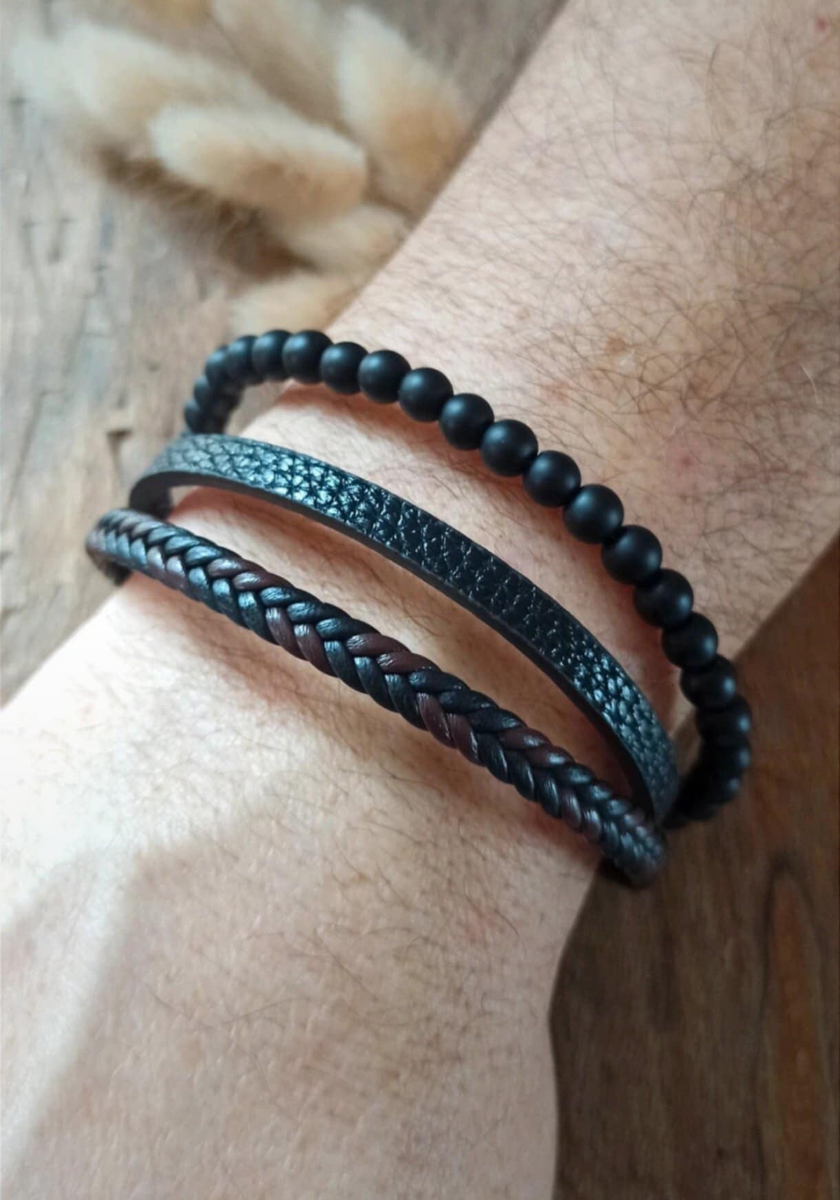 Bracelet homme multi-rangs cuir marron et noir acier inoxydable