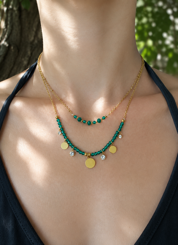 Collier acier inoxydable 2 rangs cristaux vert
