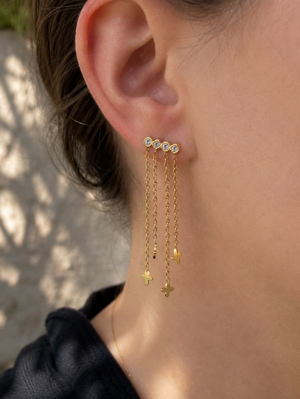 Boucles d’oreilles strass chaînettes et trèfles.