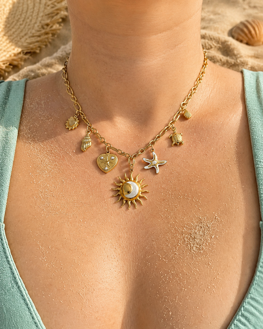 Collier acier inoxydable doré soleil nacré
