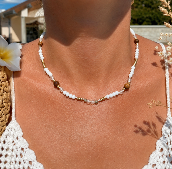 Collier acier inoxydable perles de verre et bois