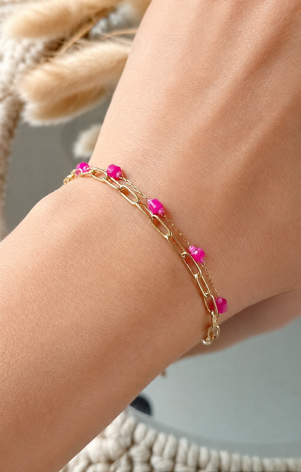 Bracelet 2 rangs perles cylindriques roses