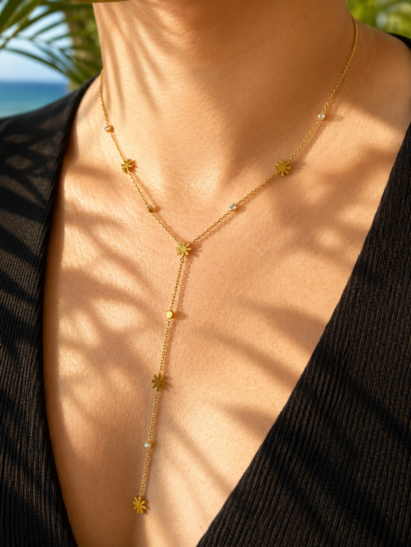 Collier décolleté en Y acier inoxydable fleurs et strass