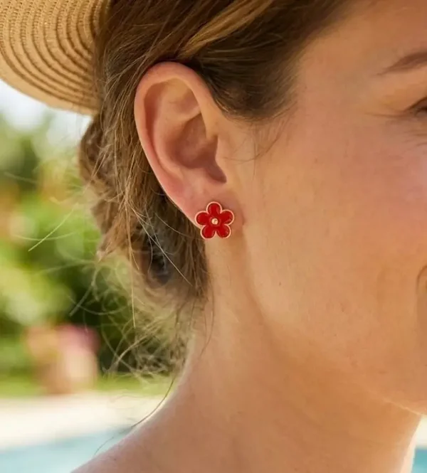 Boucles d'oreilles clous fleurs émail rouge acier inoxydable