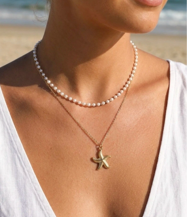 Collier 2 rangs étoile de mer et perles nacrées