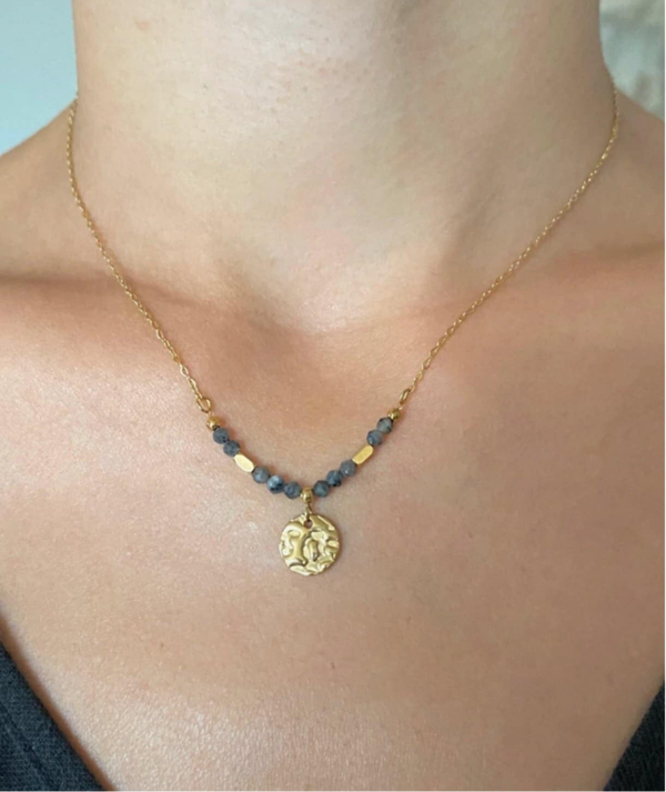 Collier acier inoxydable pierre pampille martelée