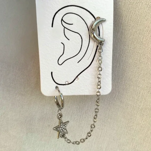 Bijou d’oreille acier inoxydable argenté lune et étoile strass