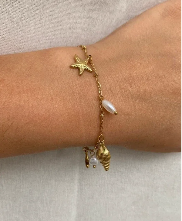 Bracelet acier inoxydable doré charmes marins