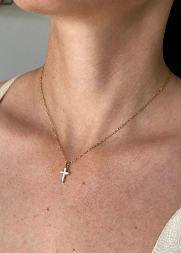 Collier fin acier inoxydable pendentif croix nacre