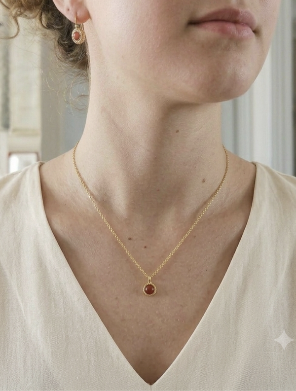 Collier pendentif perle ocre rouge