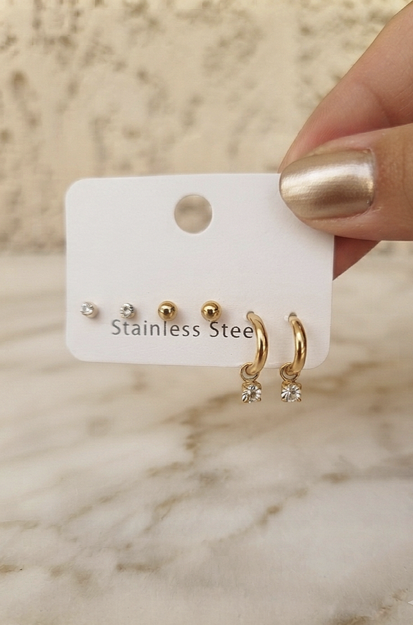Trio de boucles d'oreilles mini créoles et strass