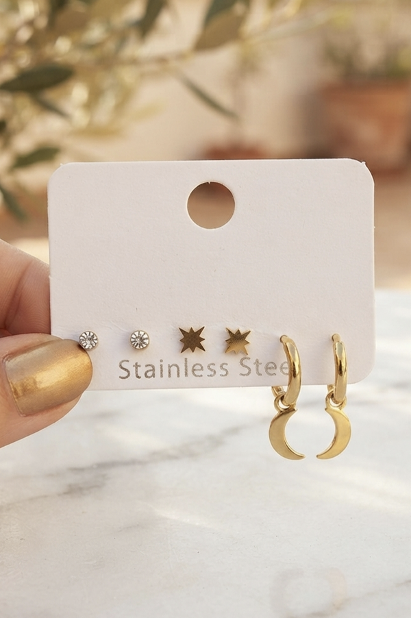 Trio de boucles d'oreilles lunes étoiles strass