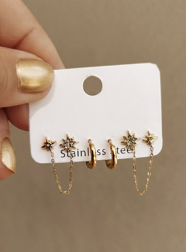 Trio de boucles d'oreilles étoiles strass