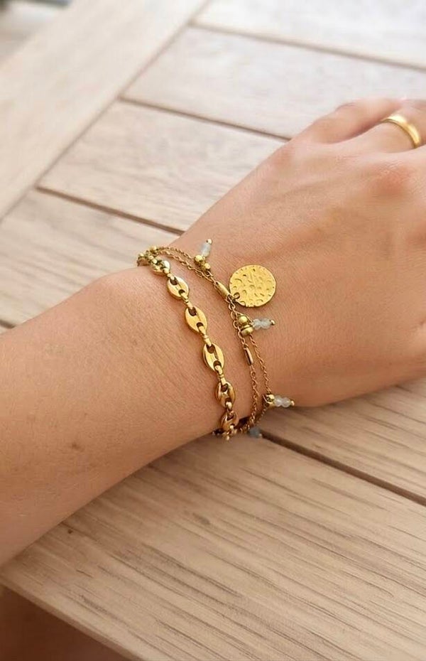 Bracelet 3 rangs grains de café pierres vert d'eau