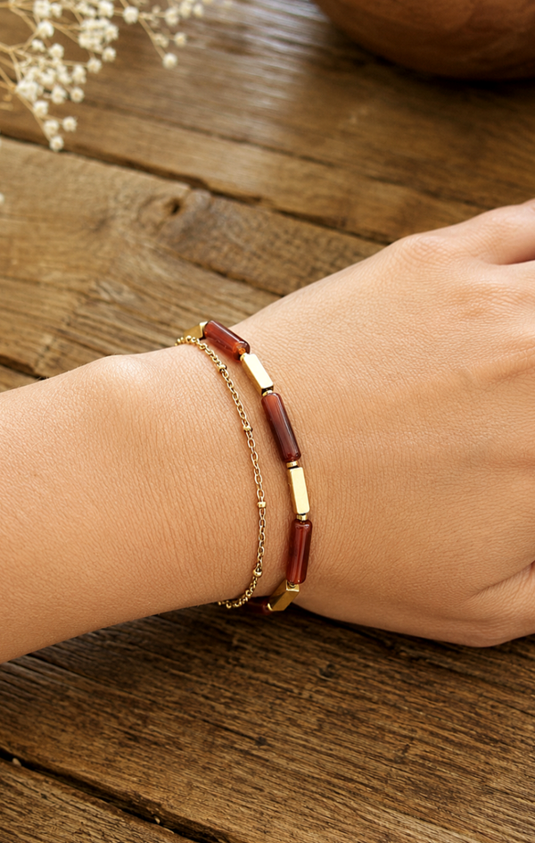 Bracelet 2 chaînes tubes pierre ocre rouge