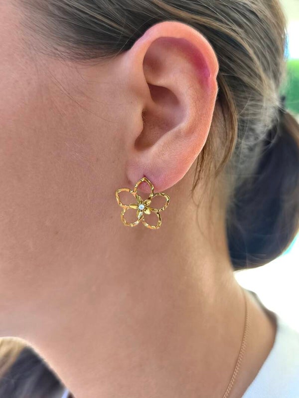 Boucles d'oreilles clous fleurs ajourées avec perles nacrées