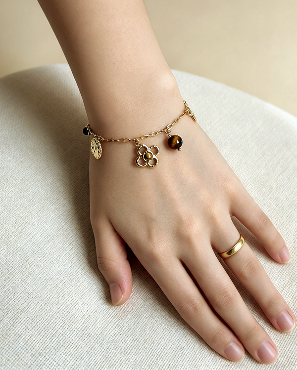 Bracelet chaîne breloques mixtes pierre œil du tigre