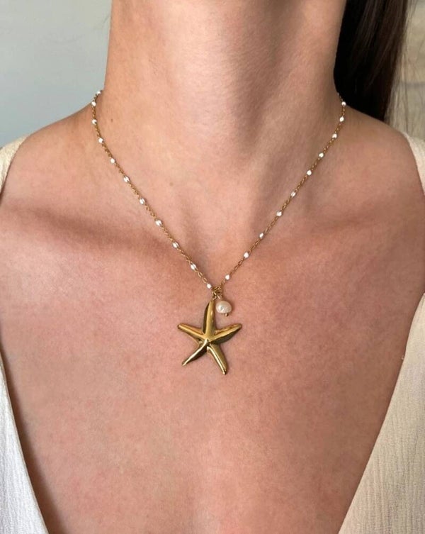 Collier étoile de mer émail blanc perle d'eau douce