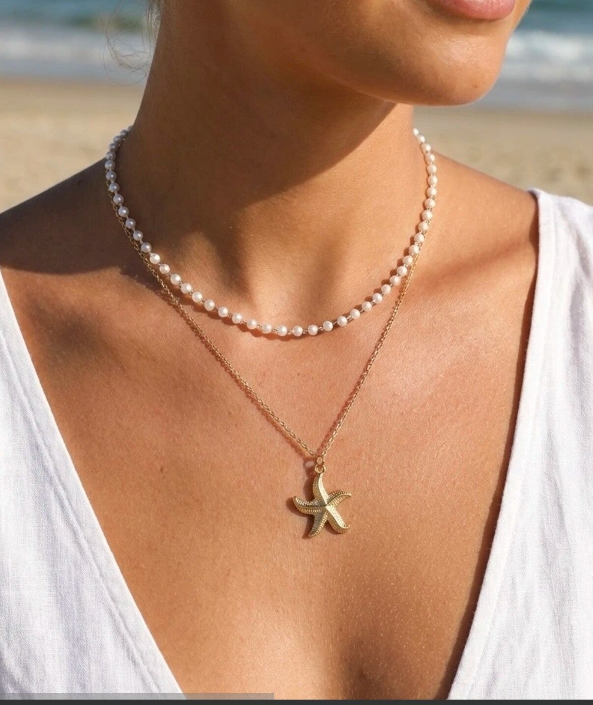 Collier 2 rangs étoile de mer et perles nacrées