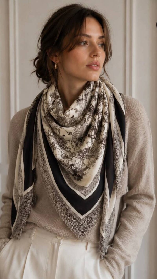 Foulard carré lainé motif toile de Jouy