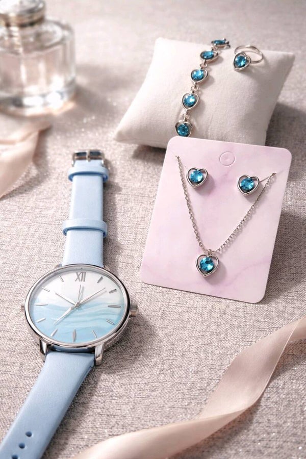 Reloj + pulsera + collar + anillo + pendientes celeste