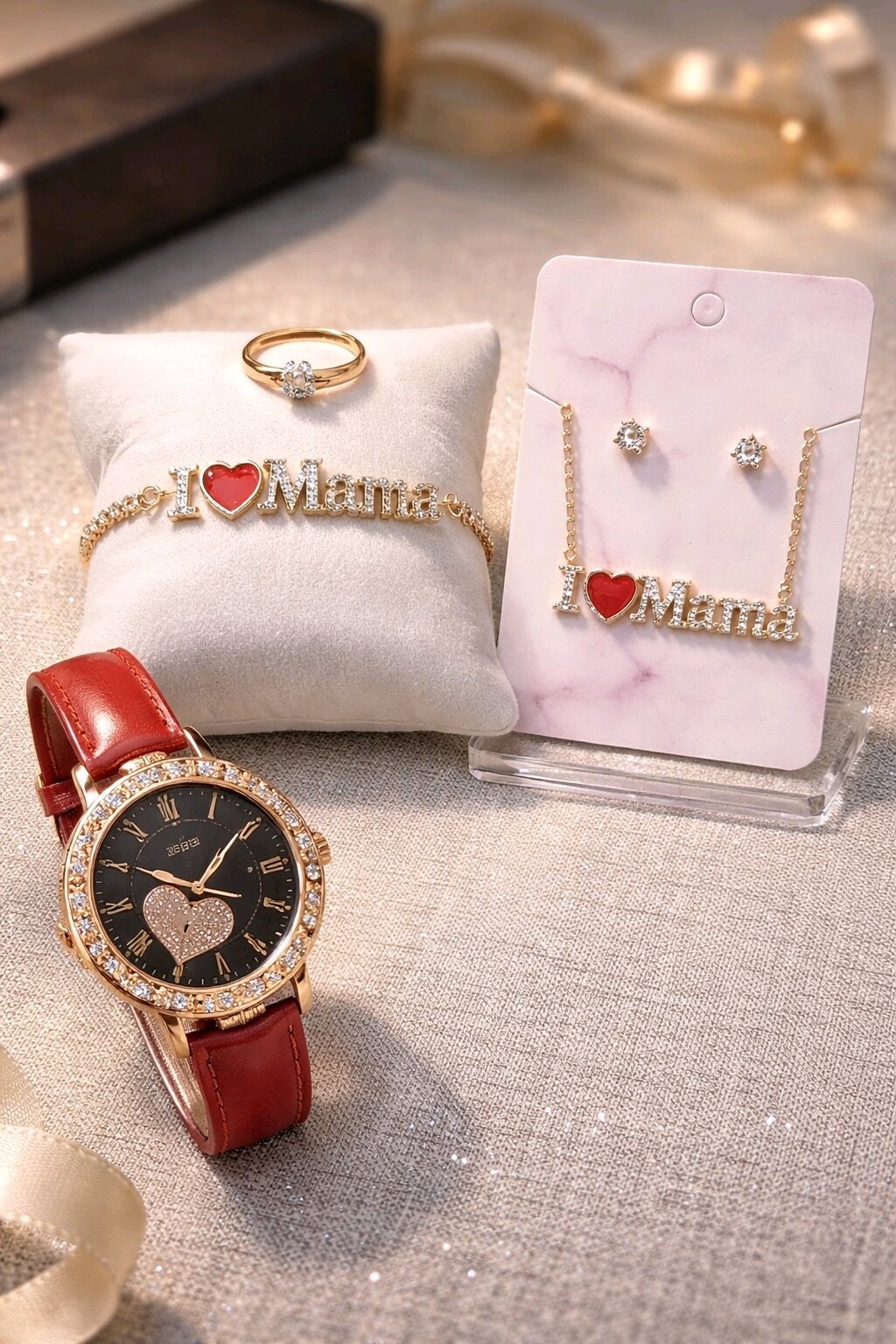 Reloj + pendientes + collar + pulsera + anillo mamá
