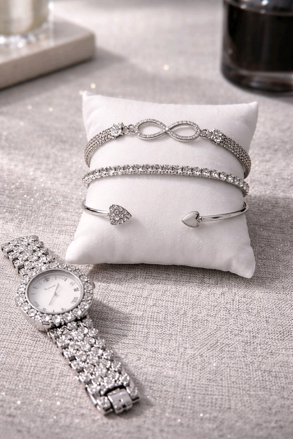 Reloj + pulsera + brazalete plata
