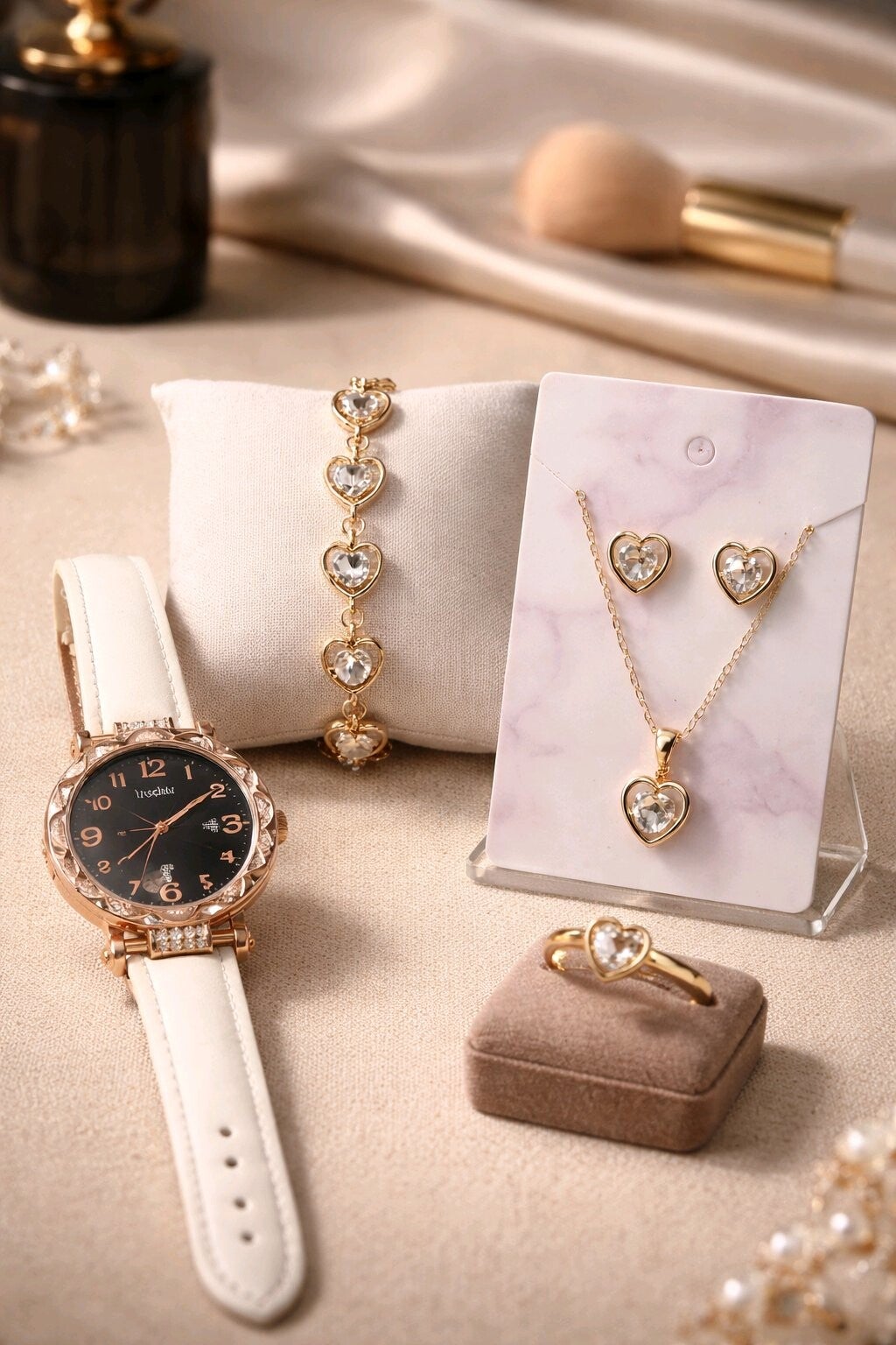 Reloj + pendientes + collar + pulsera + anillo diamante corazón