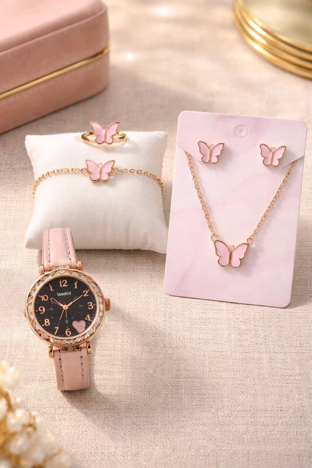 Reloj + pendientes + collar + anillo + pulsera mariposa