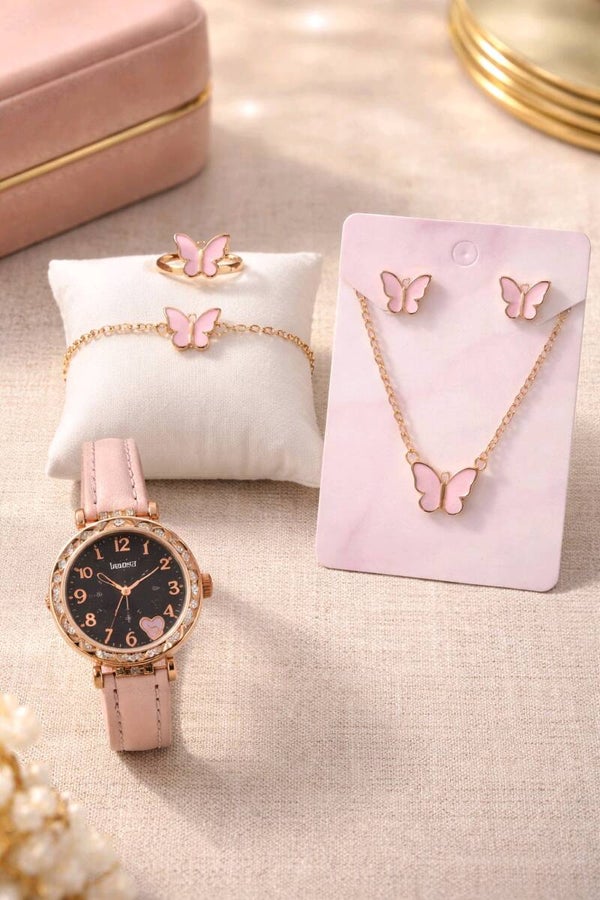 Reloj + pendientes + collar + anillo + pulsera mariposa