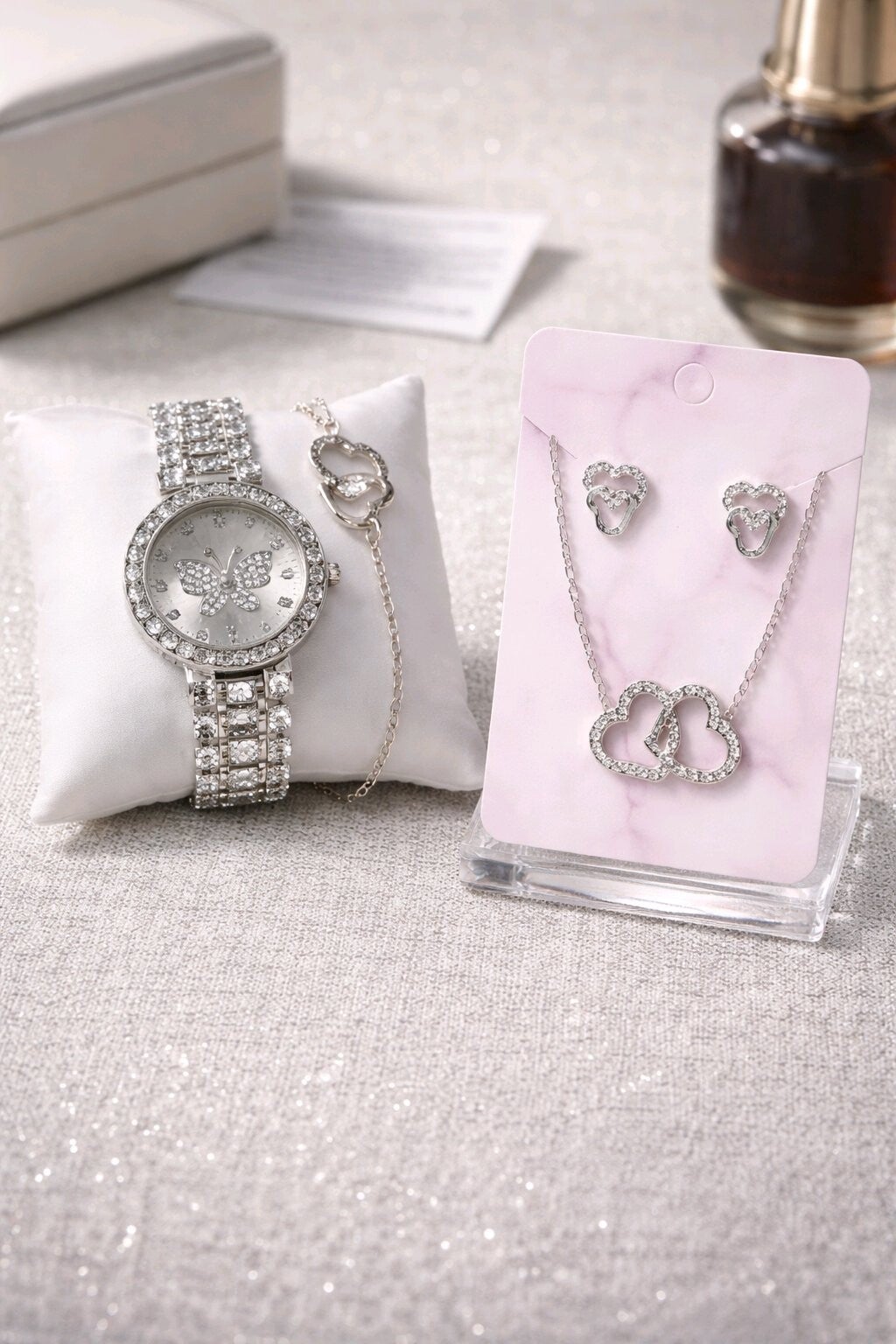 Reloj + pendientes + collar + pulsers + anillo doble corazón