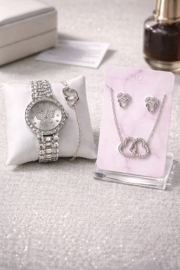 Reloj + pendientes + collar + pulsers + anillo doble corazón