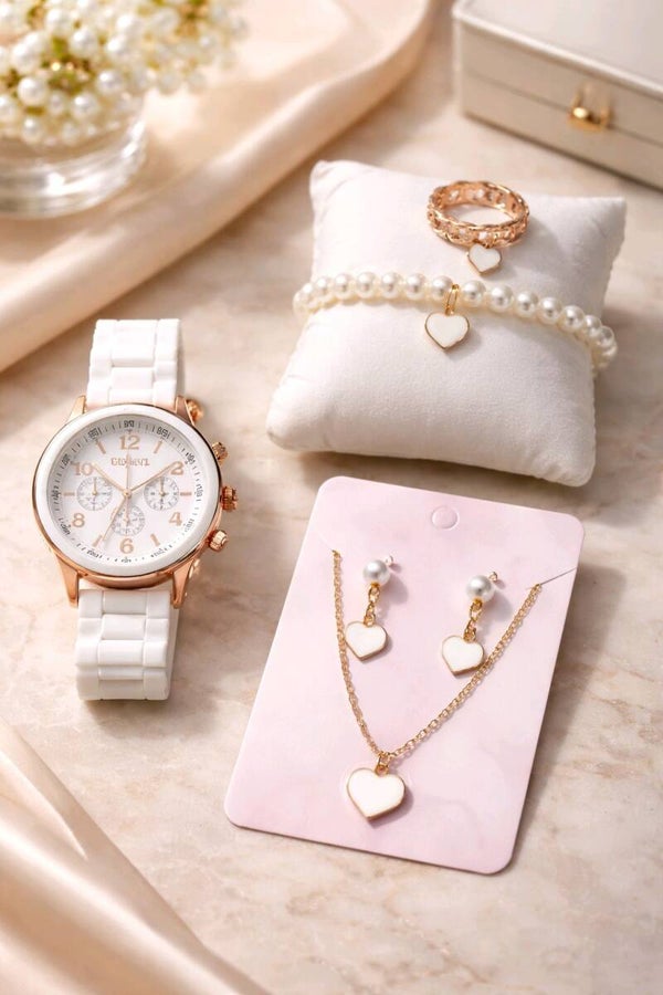 Reloj + pendientes + collar + anillo corazón