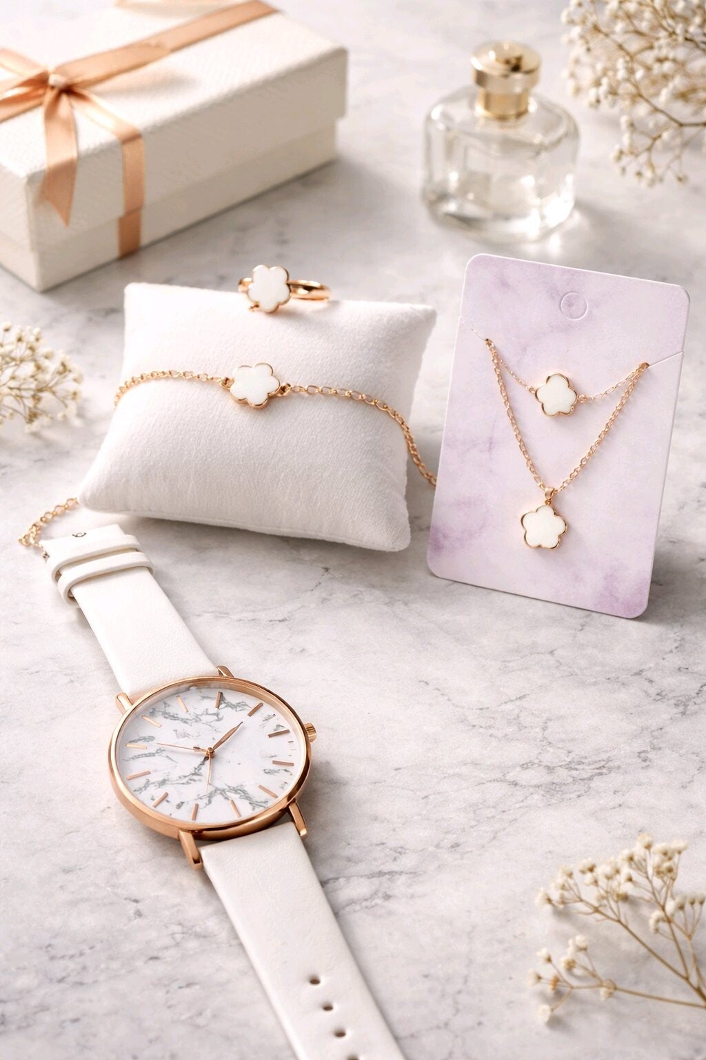 Reloj + pendientes + collar + anillos flor