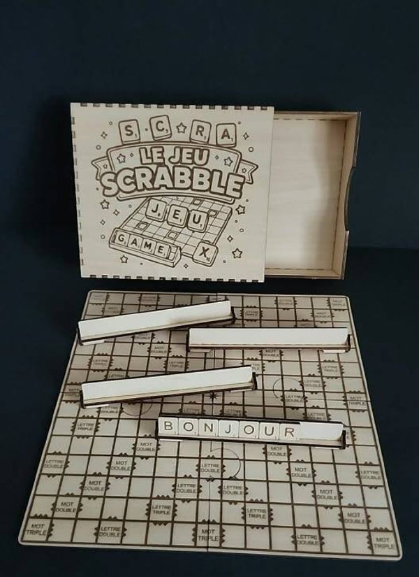 Jeu Scrabble en bois avec plateau et boîte de rangement
