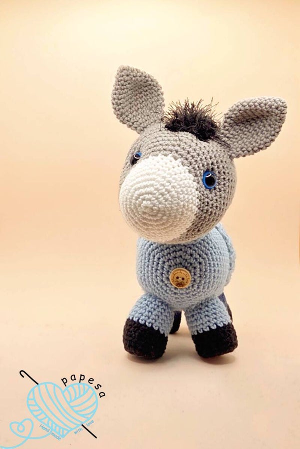 Eberhard der Esel Amigurumi 20 cm – gehäkelter Esel aus Baumwolle – handgemachtes Kuscheltier – Bauernhof Tier – Geschenk für Kinder & Baby