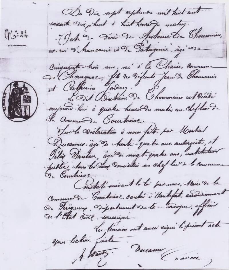 Antoine de Tounens acte de décès 1878
