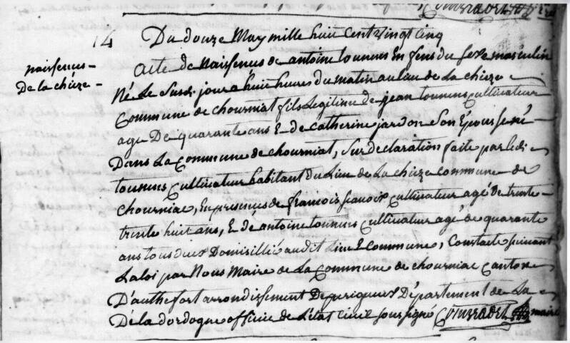 Acte de naissance de Antoine de Tounens 1825