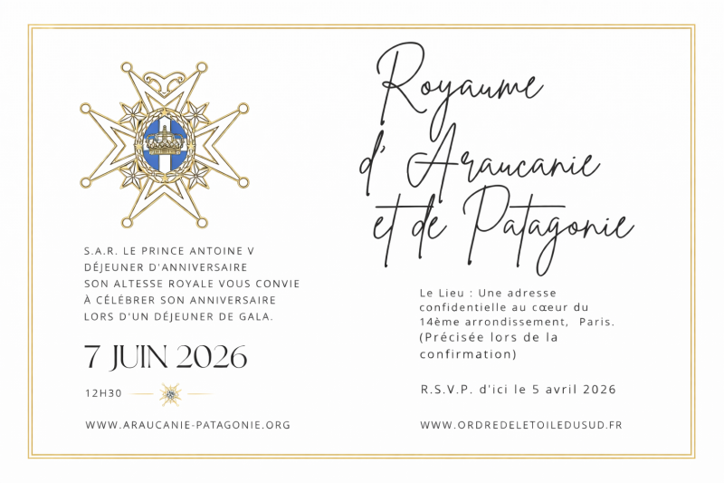 Royaume d'Araucanie et de Patagonie Invitation 7 juin 2026 Paris