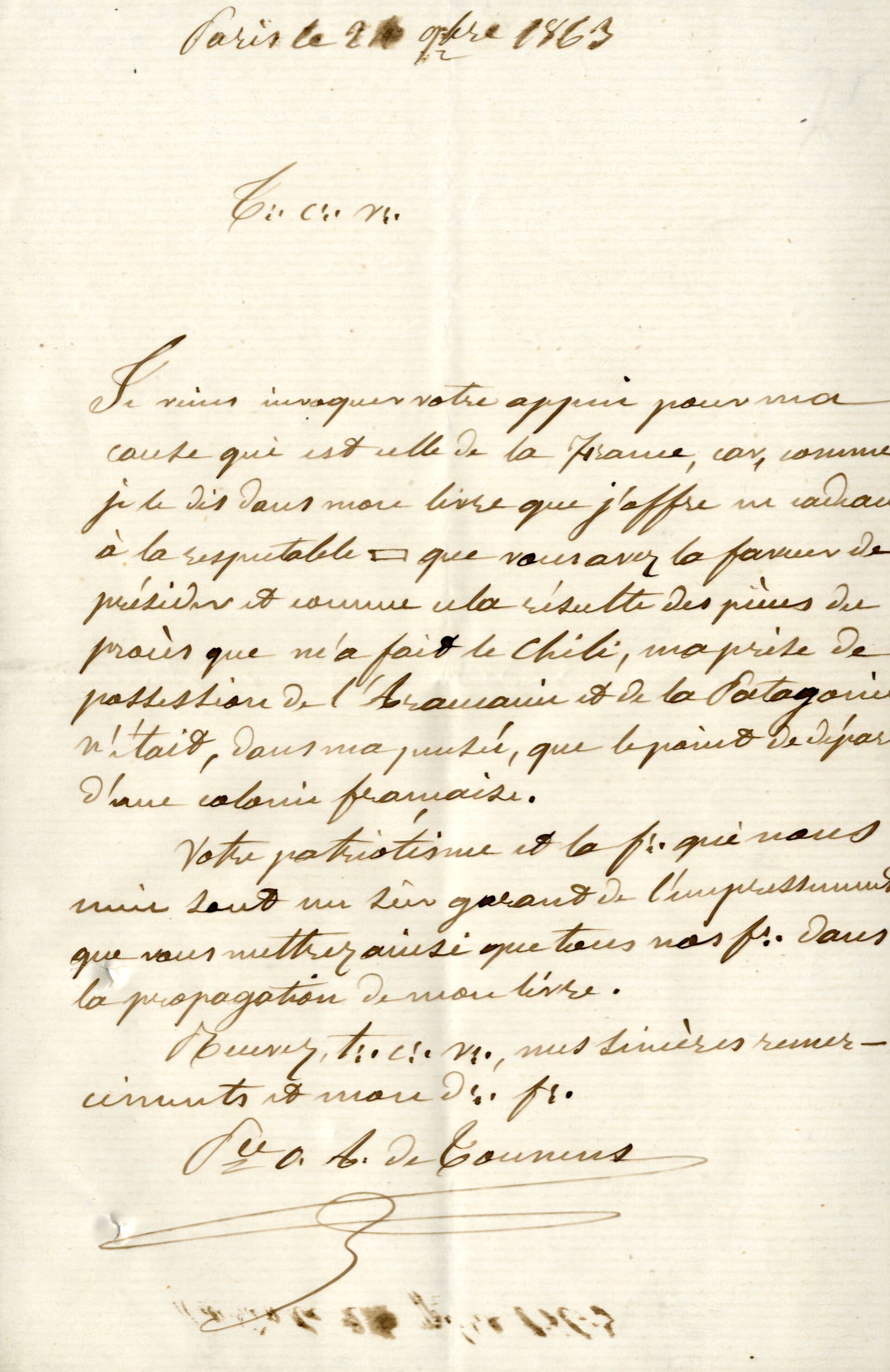 Lettre Antoine de Tounens 1863