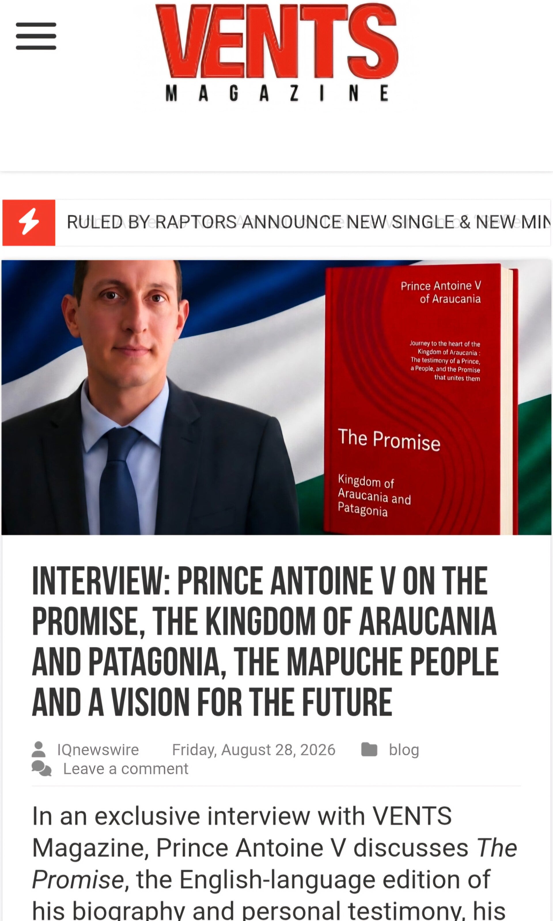 Le Prince Antoine V en interview dans Vents Magazine août 2026