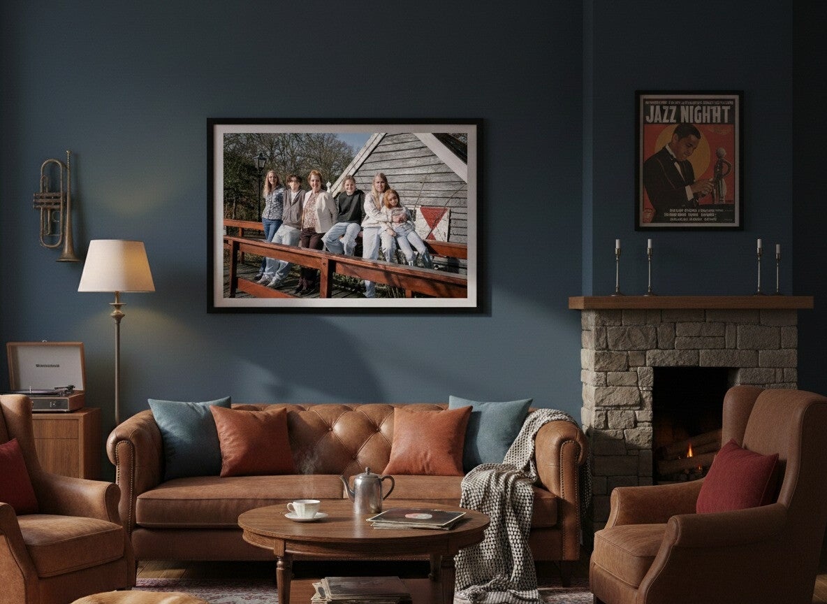 een gezellige huiskamer met boven de bank hun familieportret gemaakt op landgoed te werve in rijswijk