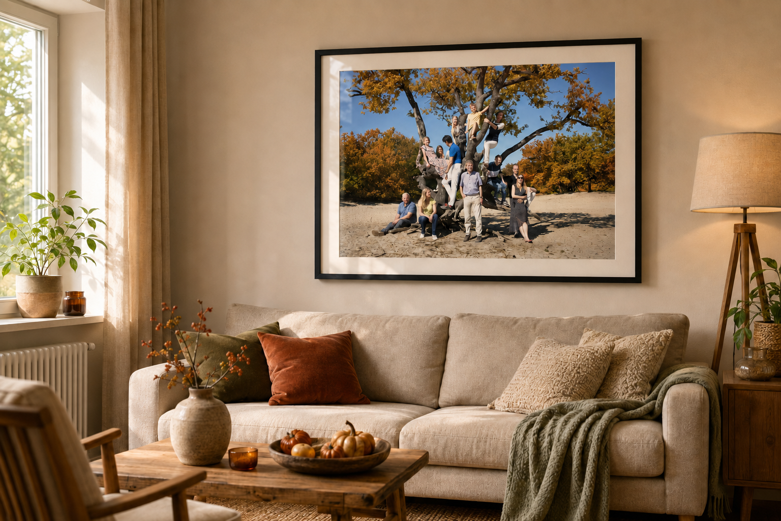 Groot familieportret in herfstkleuren aan de muur in een warme, sfeervolle huiskamer.