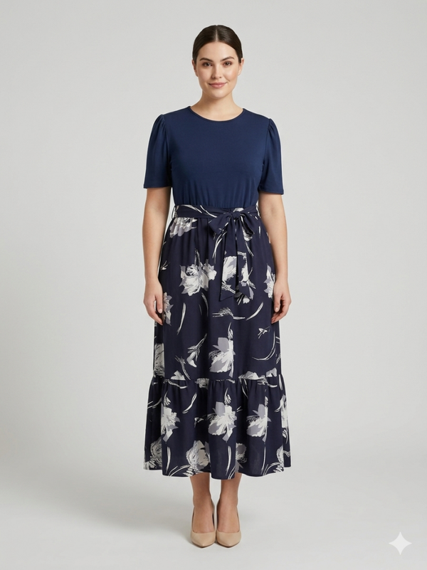 Maxi Dress Combinato Blu Navy con Stampa Floreale
