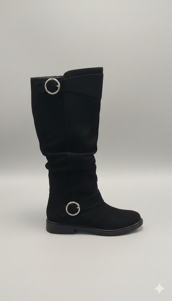 Stivali Alti in Suede Nero con Doppia Fibbia