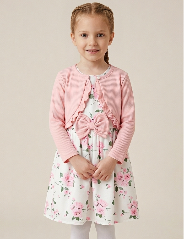 Completo Bimba: Abito Floreale con Coprispalle Rosa